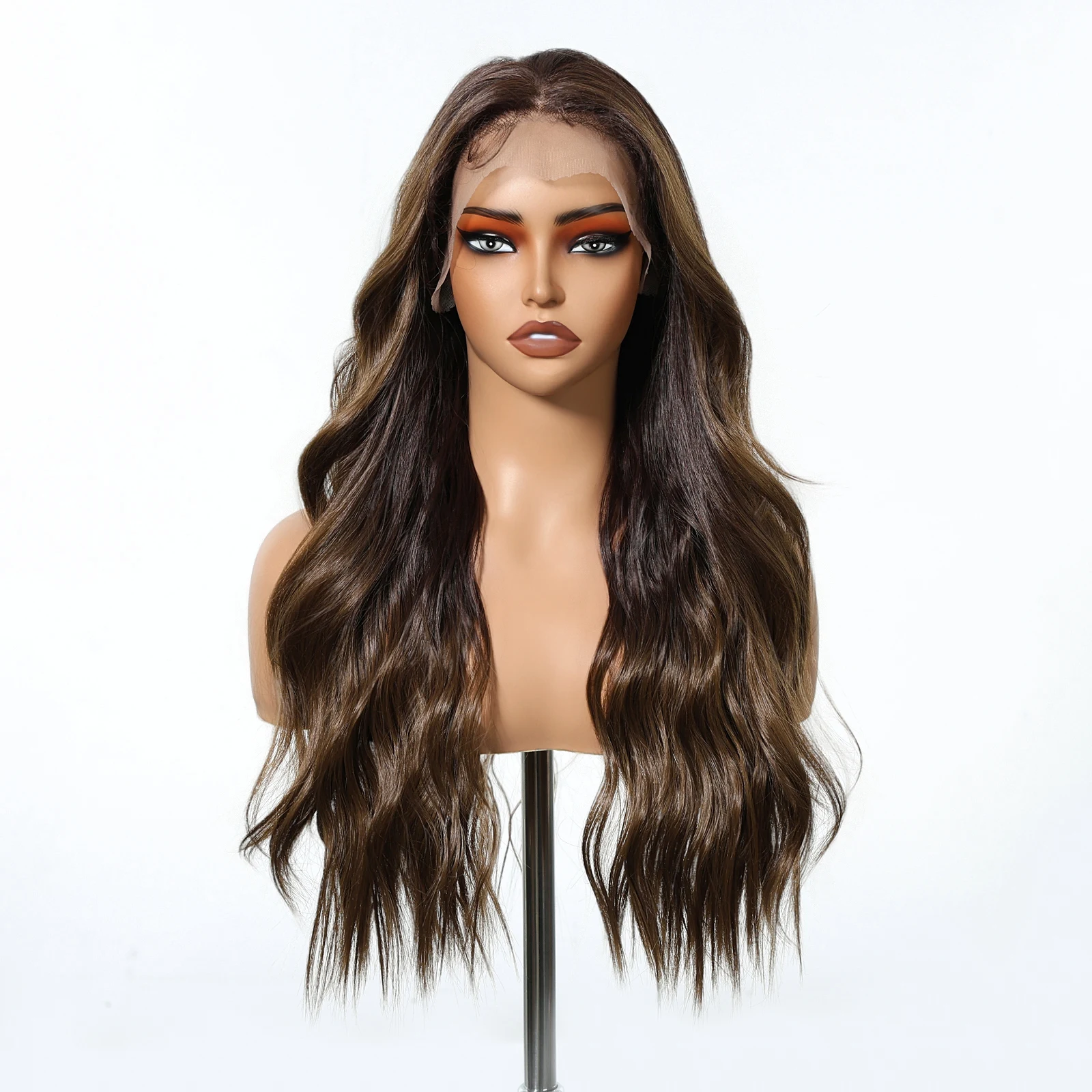 HENRY MARGU Chocolate Brown Wave Synthetic Wig for Women 13*6 Lace Frontal Wig Long Body Wavy Lace Front Wigs Daily Use 26 inch