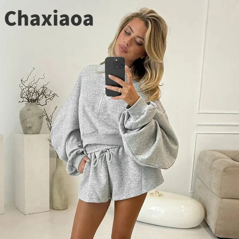 

Chaxiaoa серый повседневный комплект из двух шорт из двух предметов, женская осенне-зимняя новая толстовка с длинными рукавами + шорты оверсайз, одинаковые комплекты