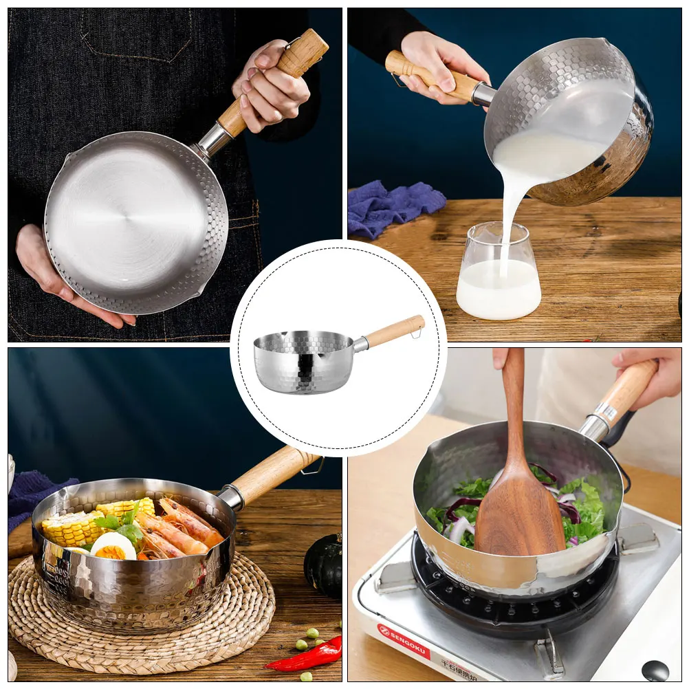 

Small Milk Pot with Wooden Handle Stainless Steel Soup Cooking Utensils Noodles Silver Kettle Baby