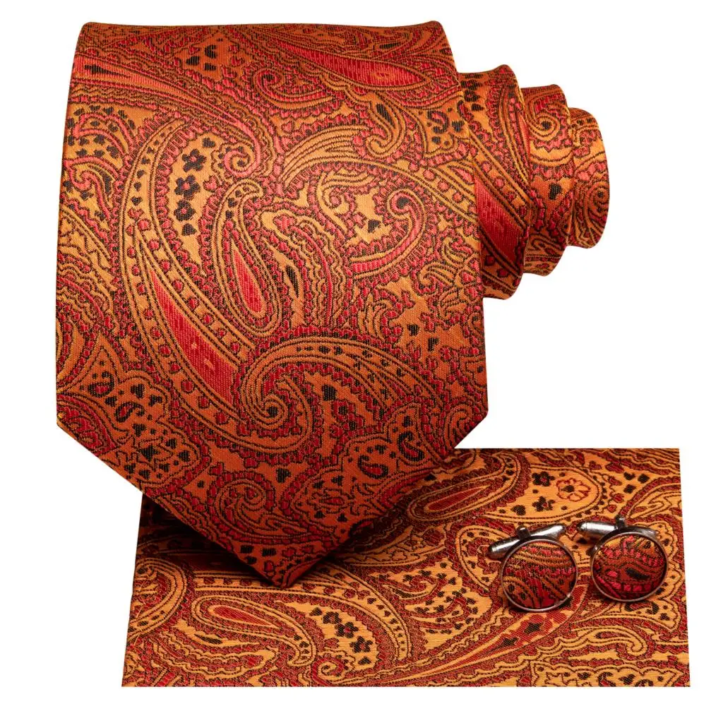 Hi-Tie Designer Orange Paisley Silk Wedding Tie For Men Handky Cufflink Gift Mens Necktie Fashion Business Party Dropshiping