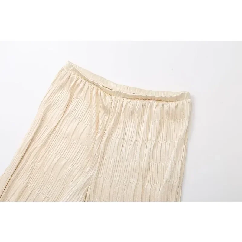 طقم بنطلون نسائي غير رسمي قابل للطي ، فتحة رقبة دائرية بدون أكمام ، كشكشة ، أطقم بنطلون فضفاض عالي الخصر ، بدلة نسائية صيفية ،