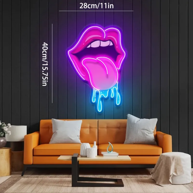Pink Lips and Tongue LED Neon Sign - Glowing Wall Signs for Room Decoration USB Powered UV Panel Wedding Bar Decoration Signs
