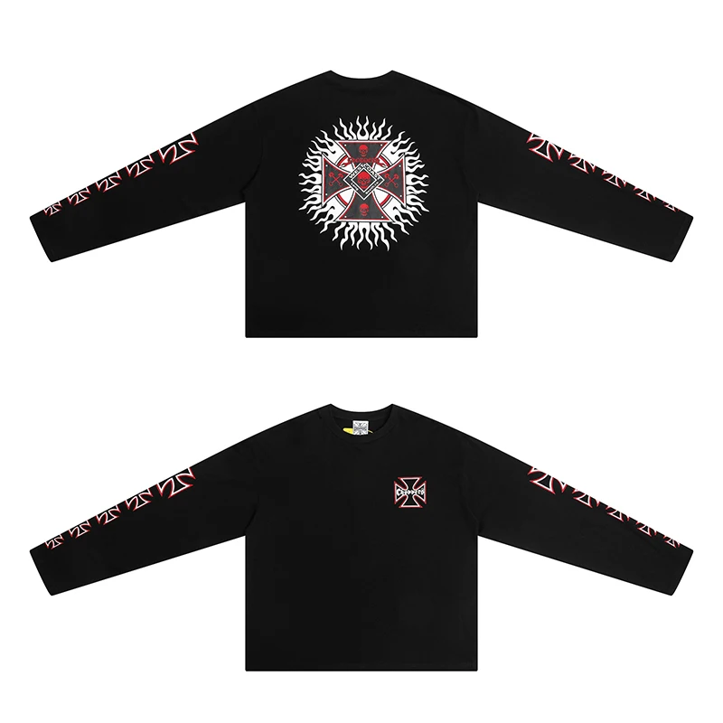 West Coast Choppers Long Sleeve T-Shirt Vintage Cross Sanskrit Grey Trendy Loose Fit Men's Long Sleeve