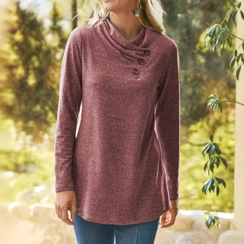 Sweat-shirt à manches longues pour femme, nouveau Style européen et américain, couleur unie, col ample, Design de boutons, automne hiver