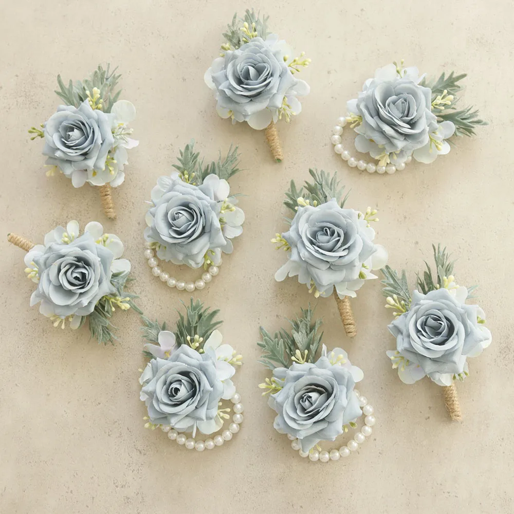 1PC Luxurious Light Blue Bohemian Artificial Rose Boutonnieres with Fresh Greenery Accents, Ideal for Groom, Groomsmen, Wedding