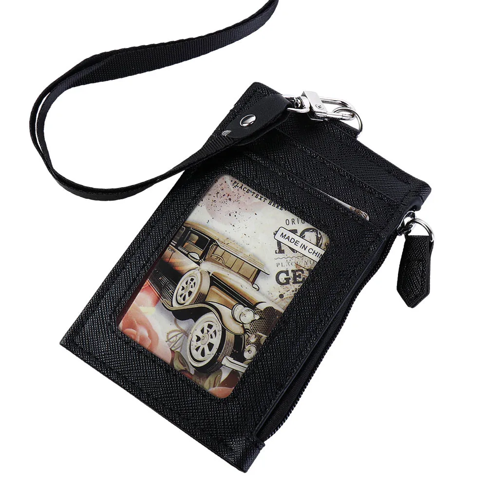 

Leather Office School Supplies Mini Wallet Business Student Bus Cards Cover ID Card Holder with Lanyard Coin Purse Badge Holder