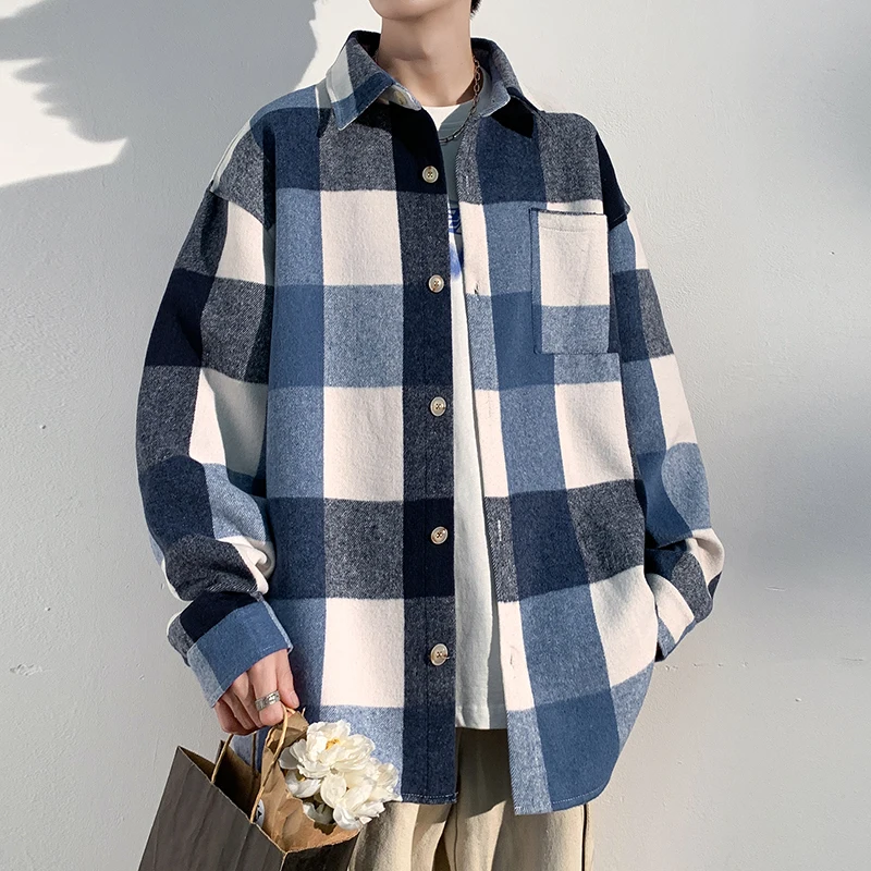 

Blue Woolen Jaet Men's Spring Autumn Long Sve Turn-down Collar Plaid y Sle Casual Faionable Outerwear Coat