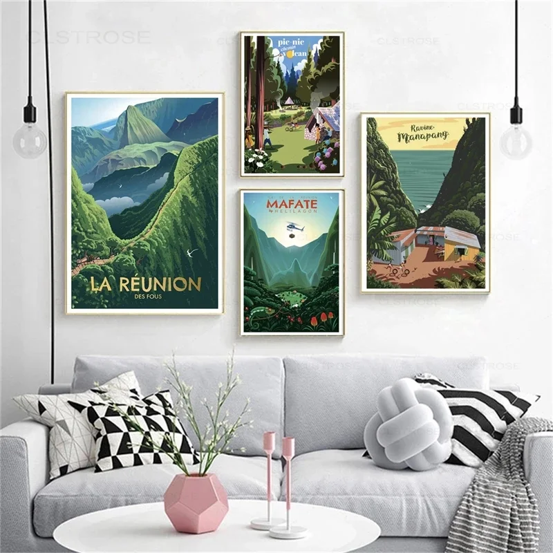 French Reunion Island Holiday Vintage Travel City Landscape Poster Canvas Painting Modular Print Wall Art Living Room Home Decor