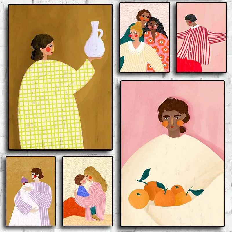 1pc Unframed Abstract Minimalism Cartoon Girl Mom Daughter Illustration Posters Canvas Paintings Wall Art Pictures Children's Ro
