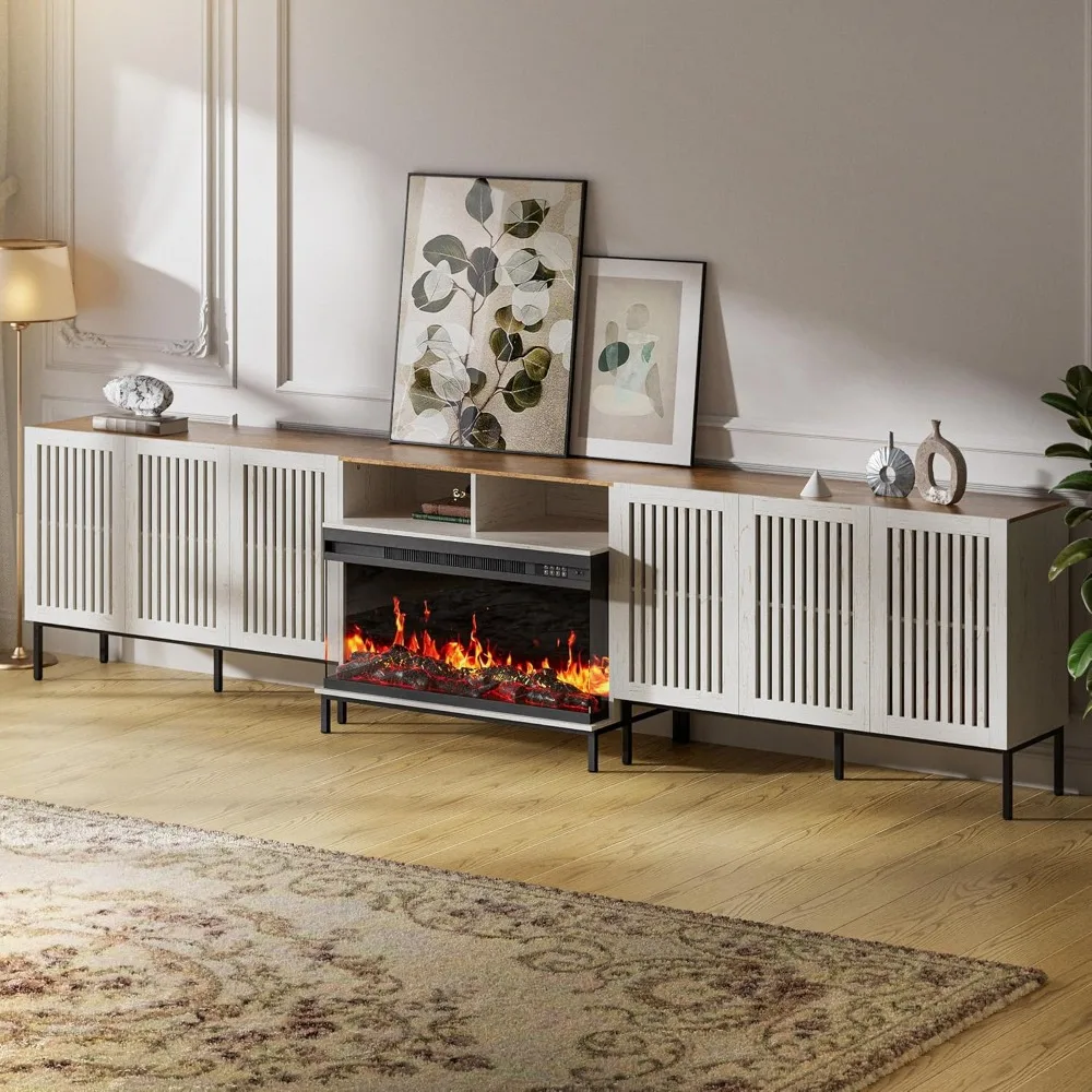 حامل تلفزيون مدفأة زجاجية ثلاثي الجوانب لأجهزة التلفاز حتى 110 بوصة، مركز ترفيه مع مدفأة كهربائية مقاس 36 بوصة، عتيق Whi