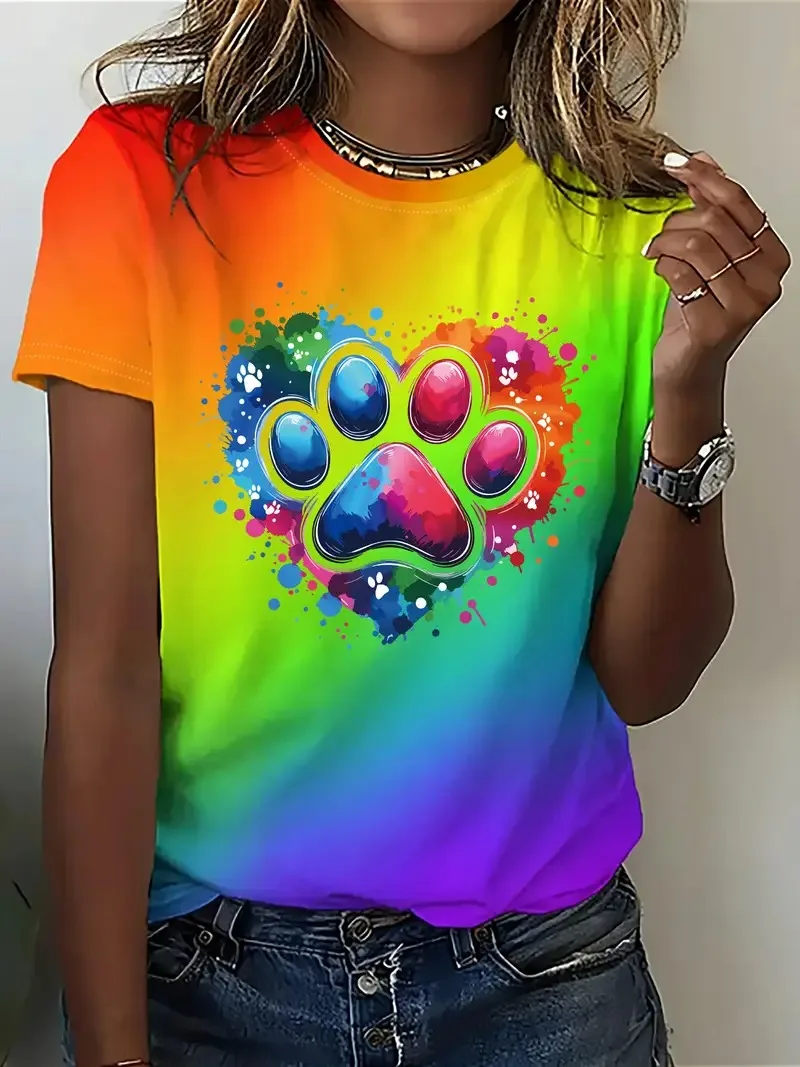 

Colorful Heart Paws Printed T-shirt Top Fashion Heart Dogs Paw Print Casual Tops Summer Cartoon Graphic Printed Tees y2k clothes