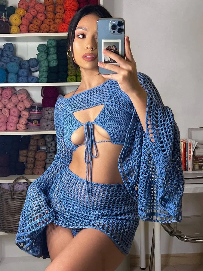 

Elsa Hot Girl Beach Knitted Set Pure Desire Backless Strap Tie Bustier Sexy Three-piece Set Women's Fashion Ensemble Summer Wear