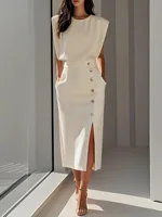 Vestido sin mangas a la moda para mujer, elegante, de un solo pecho, liso, informal, con bolsillos, vestido Midi recto para mujer 2025