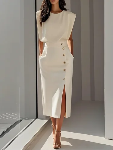 Imagen 1 del producto Vestido sin mangas a la moda para mujer, elegante, de un solo pecho, liso, informal, con bolsillos, vestido Midi recto para mujer 2025