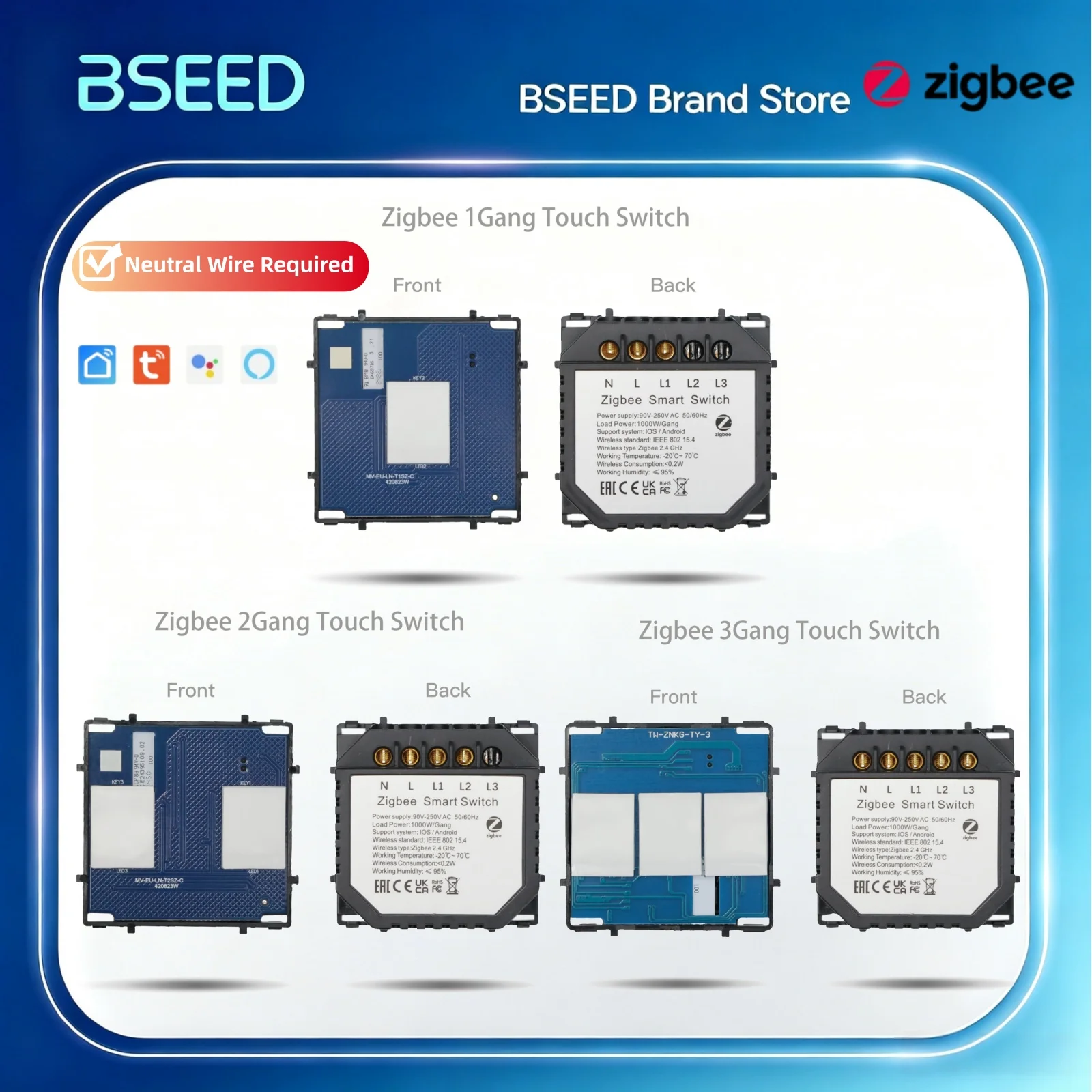 BSEED Tuya Smart Zigbee Touch Schalter Wand Licht Schalter Funktion Schlüssel Unterstützung Google Home Alexa Sprachsteuerung Neutral Erforderlich