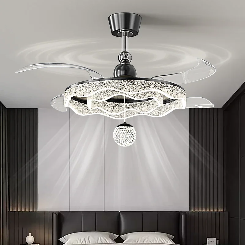 Modern Luxury Restaurant Fan Light Latest Version Ice Crack Ceiling Fan Light Simple Bedroom Study Silent Invisible Fan Light