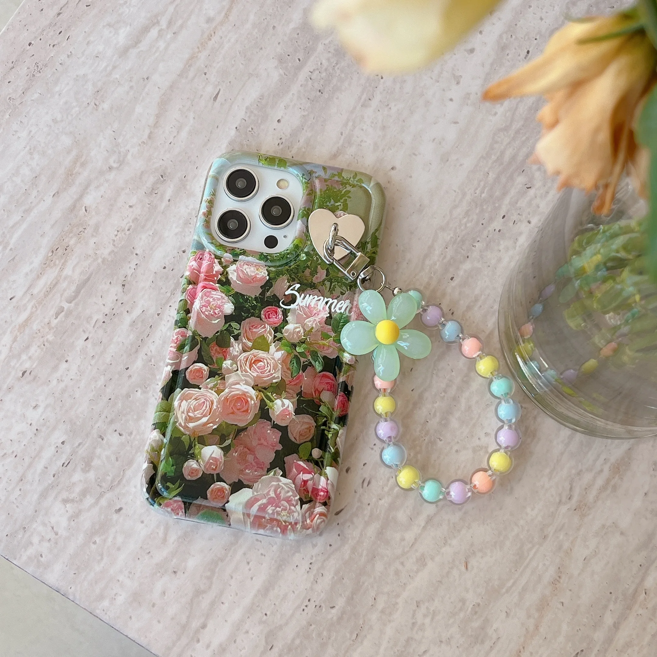 Full Screen Pink Rose With Flower Chain Phone Case  For iPhone 15 14 13 12 11 Plus Mini Pro Max X XS XR 7 Cover