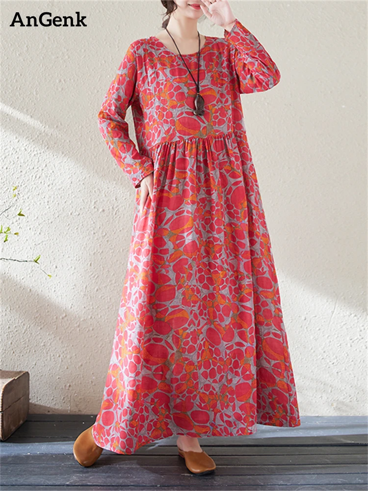 

2024 New Spring Autumn Cotton Vintage Print Dresses For Women Casual Loose Long Sleeve Vestidos Elegant Dress Fashion Clothing