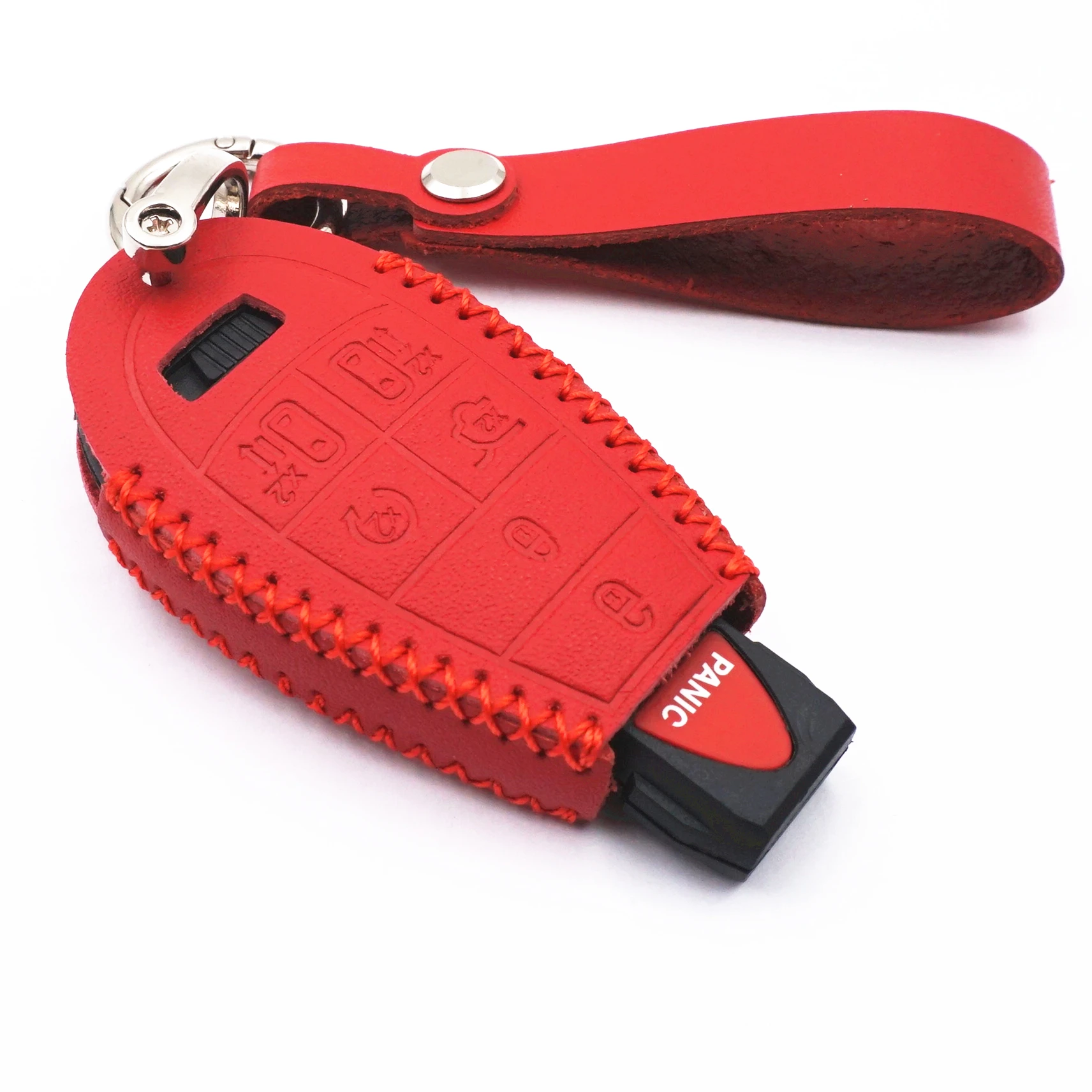 WFMJ Red Leather for Chrysler Town and Country Dodge Grand Caravan Remote 7 Buttons Key Case Cover Fob Chain (Red stitch)