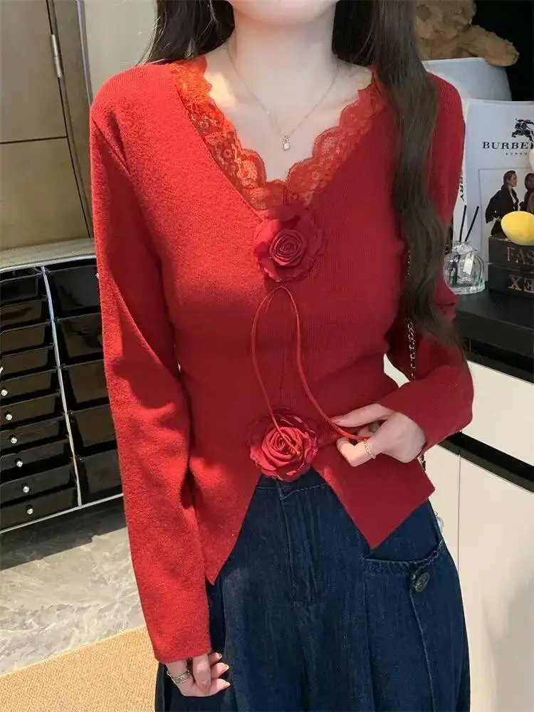 

Вязаная рубашка с длинными рукавами и розовым кружевом в стиле пэчворк с V-образным вырезом для похудения и универсальный топ