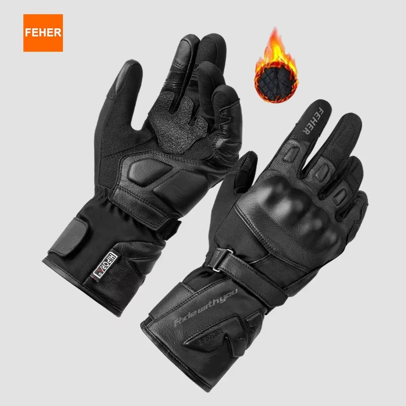 

FEHER FT-002A Motorcycle Gloves Winter Genuine Leather Waterproof Windproof Fall-proof TPU Bone Protection Moto Riding Glove