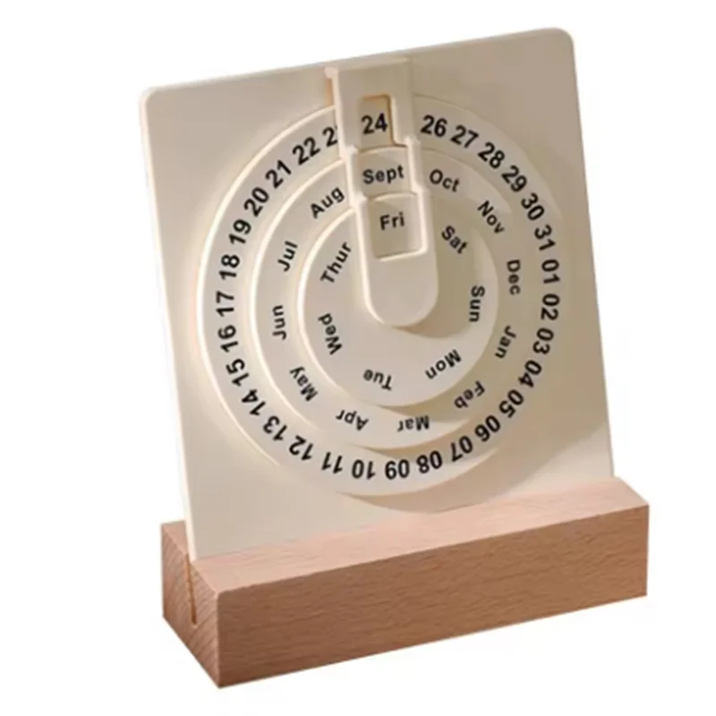 CS-bureaukalender Kleine roterende ronde bureaukalender met houten basis Maand Week Dagweergave Wielkalender