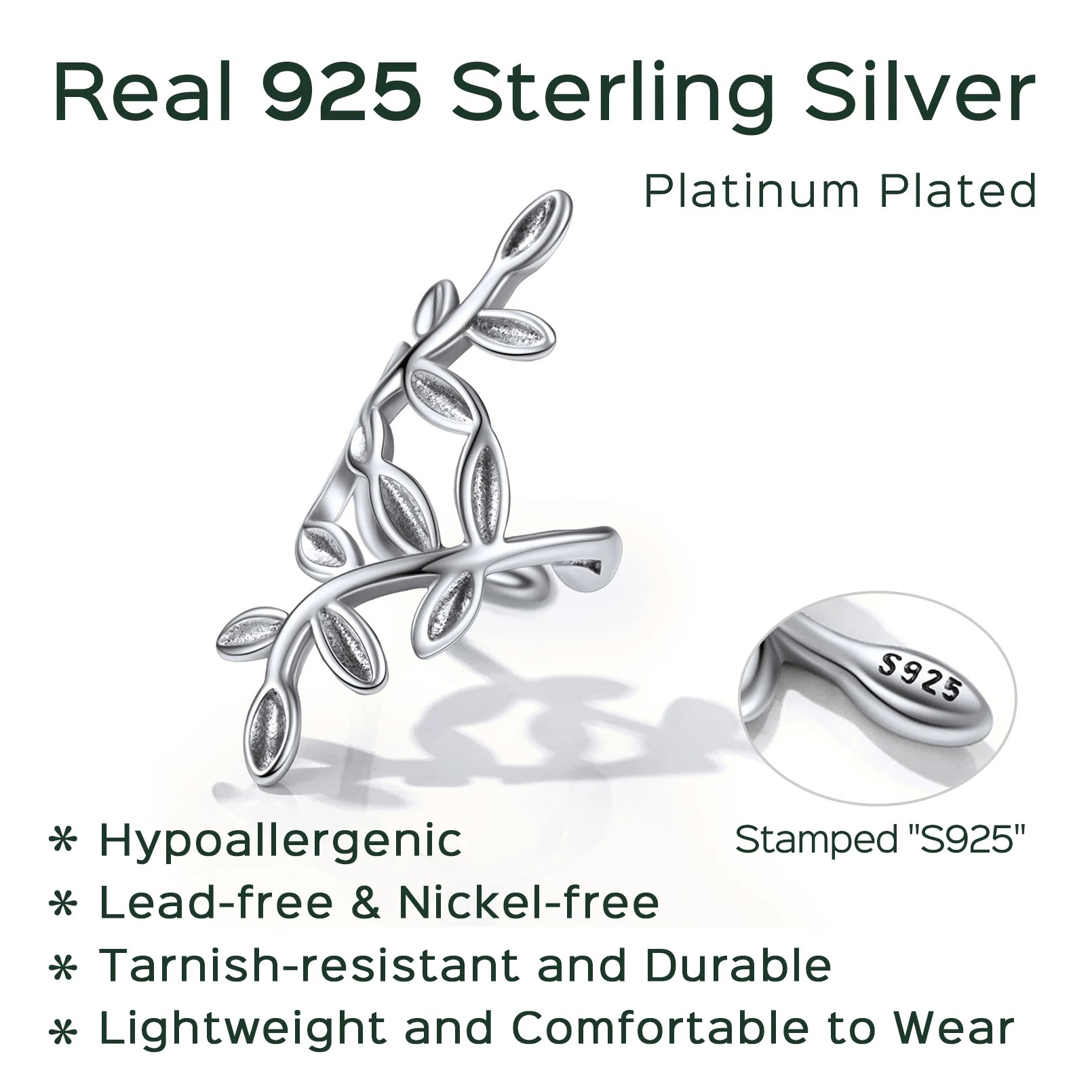 U7 925 Sterling Silver Leaf Ear Cuff for Woman Non Pierced Earring Cartilage Clip Wrapped Earrings Dainty Jewelry Gift for Her