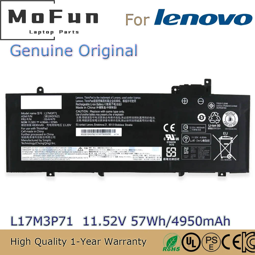 

Новый оригинальный аккумулятор L17M3P71 11,58 в 57Wh для ноутбука Lenovo ThinkPad T480s(20L7002XCD) 01AV480 01AV478 L17L3P71