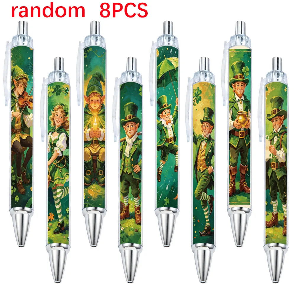 8Pcs St. Patrick's Elf Themed Retractable Ballpoint Pens for Students and Office Use, with Random Designs