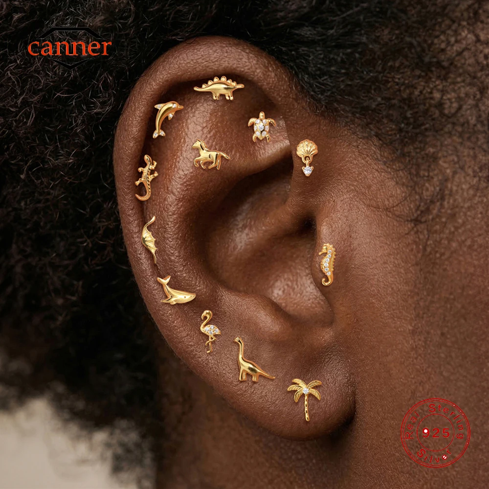 CANNER 1 Stück 925 Sterling Silber Pferde/Schildkröten/Seepferdchen/Wale/Dinosaurier/Geckos Tier-Design Flachkopf-Ohrstecker Geschenk