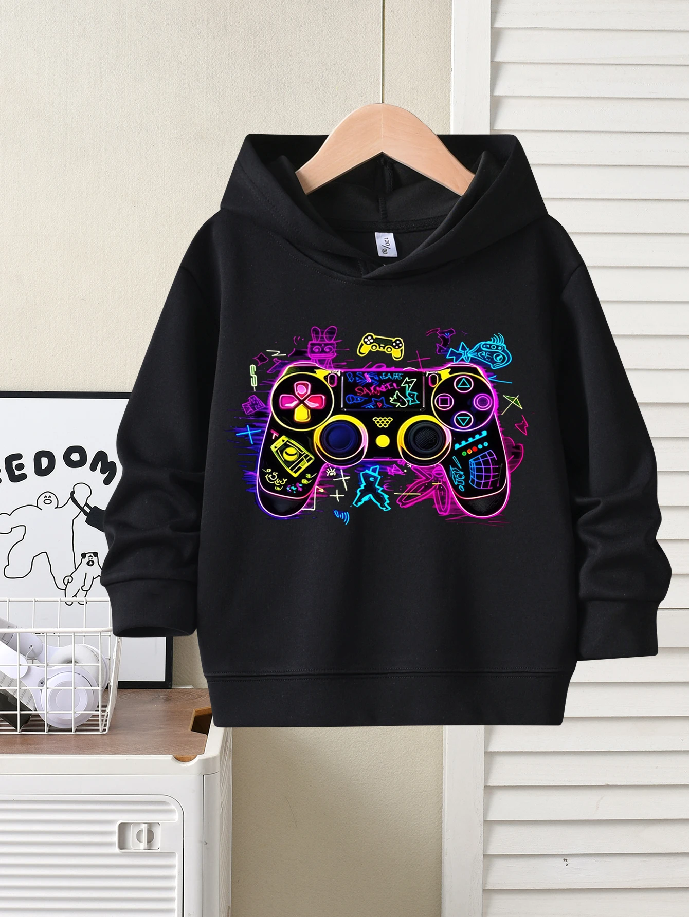Children's hooded sweatshirt, autumn fashion trend top, colorful handle printed pattern, boys' casual pullover hoodie