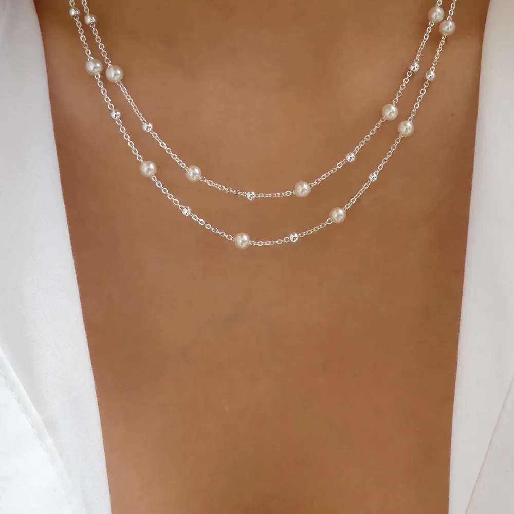 Vintage Multilevel Artificial Pearl Chain Transparent Crystal Pendant Necklace For Women Girls Fashion Gold-plate Trend Jewelry