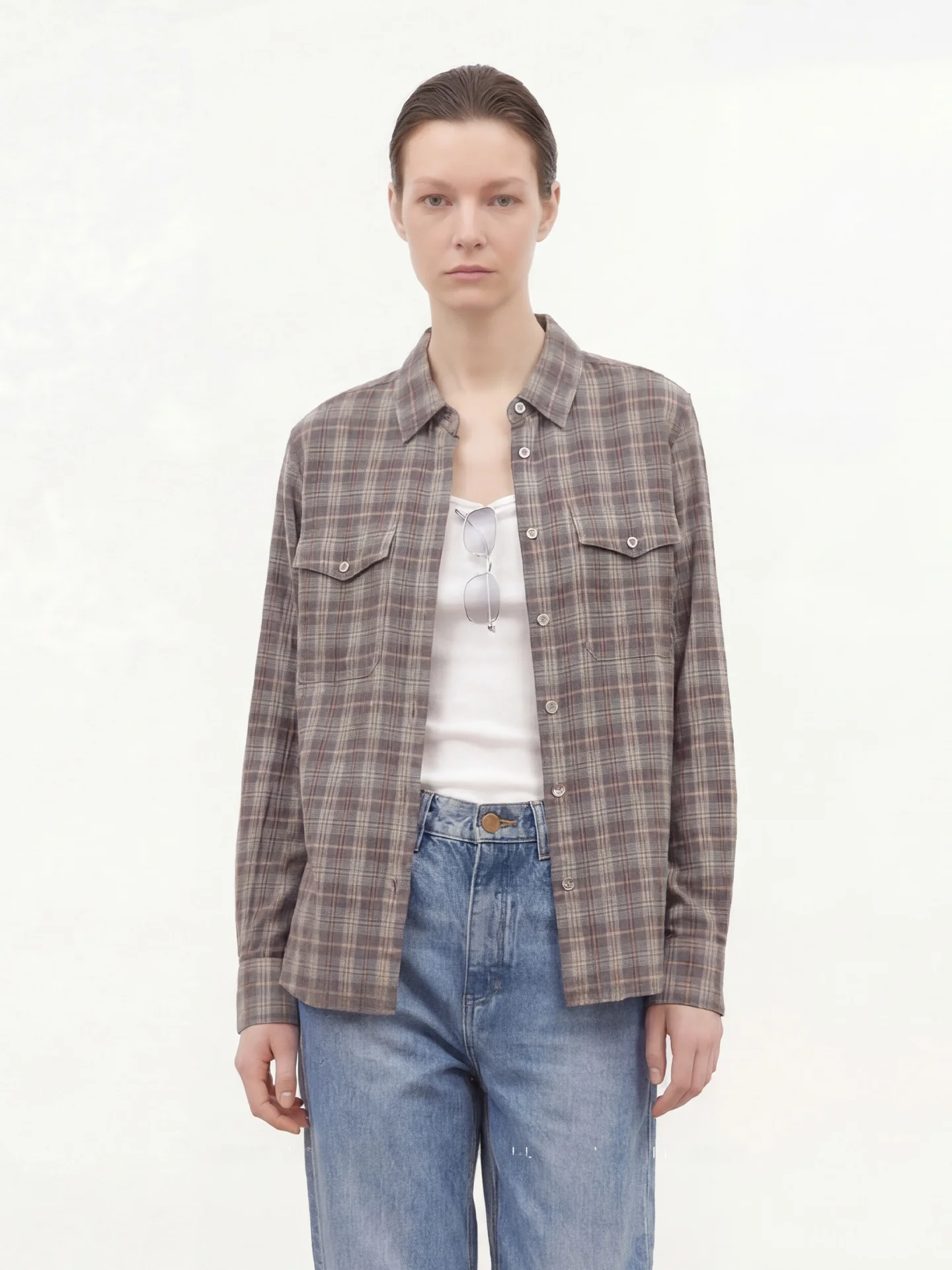 

TheSoong Ladies Plaid Shirt Long Sleeve Craftsmanship Double Pocket Casual Loose Fit Cotton Polyester Blend Spring Summer