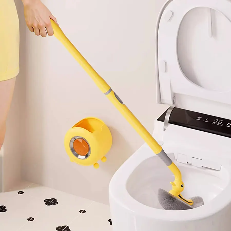 1PCS Wall-Mounted & Floor-Standing Dual-Use Toilet Brush with No-Dead-Angle Suction Cup Long Handle Spray Duck Design for Bathro