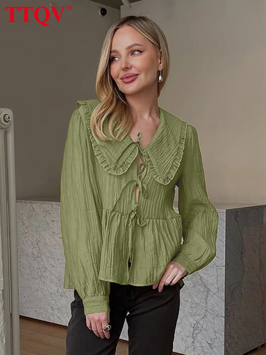 

TTQV Fashion Loose Green Women Blouse 2026 Spring Lapel Long Sleeve Shirt Elegant Classic Lace-Up Top Female Clothing Streetwear
