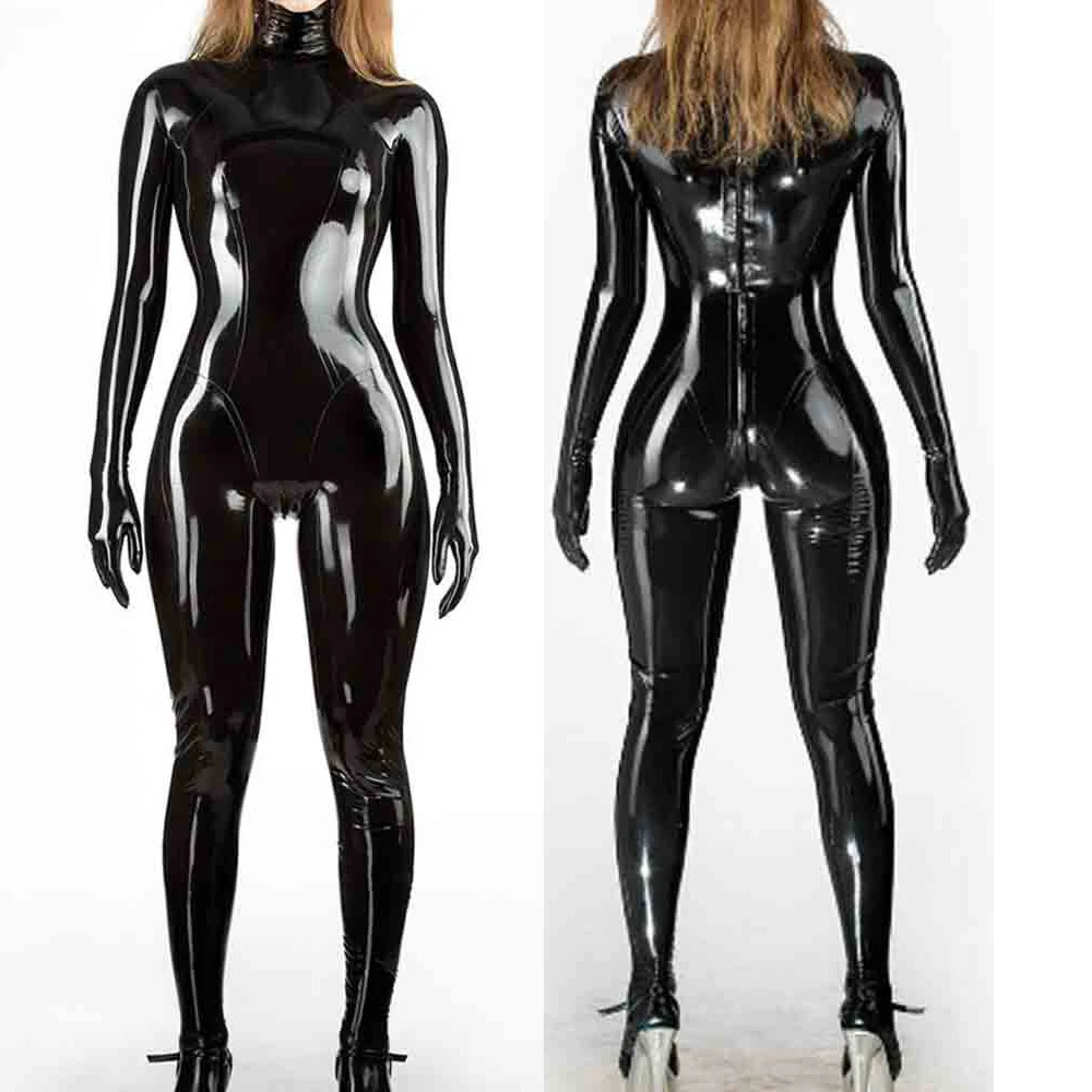 

Women's Back Zipper Open Crotch Jumpsuit All-Inclusive Cosplay Shapewear Bodysuit PVC Faux Leather Five-Fingered Glove Pantyhose