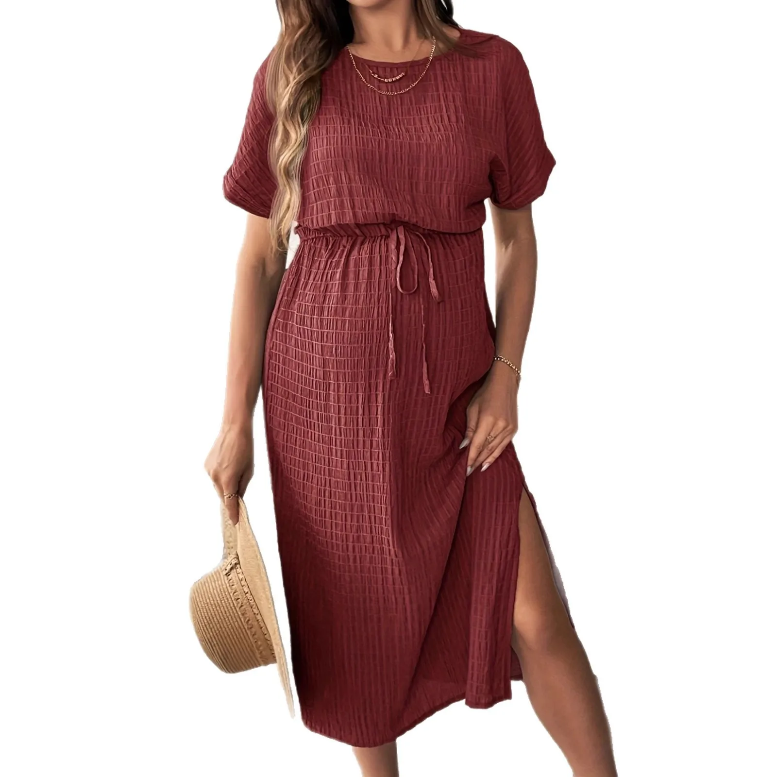 High Waist Dresses Round Neck Elegant with Regular Sleeve Maxi Length Winter Three Quarter Sleeve Professional Dresses for Women