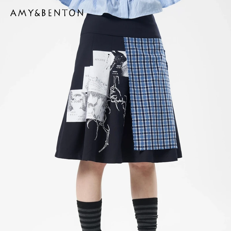 

American Retro Navy Blue Irregular Plaid Print Women's Skirt Autumn New Loose Slimming Y2K Versatile Mid-Length Skirts Ladies