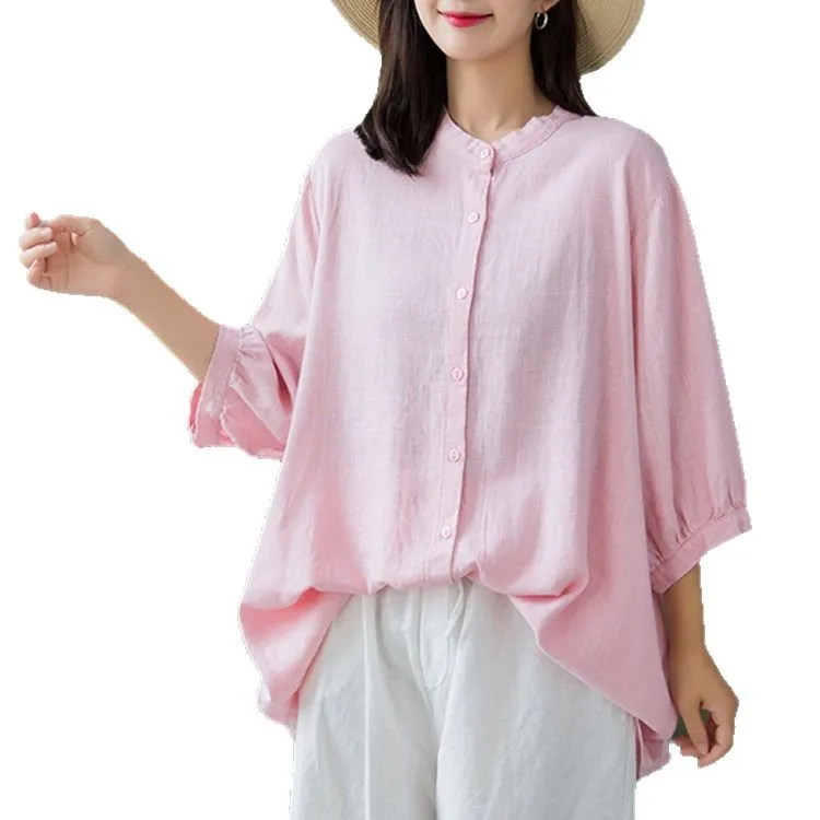 เสื้อเชิ้ตผู้หญิง Nian Bai Xiu Fang: ลายไม้ไผ่ 12 ชิ้น, ผ่านการซักด้วยทราย, คอตั้งนุ่มสบาย สไตล์ลำลอง