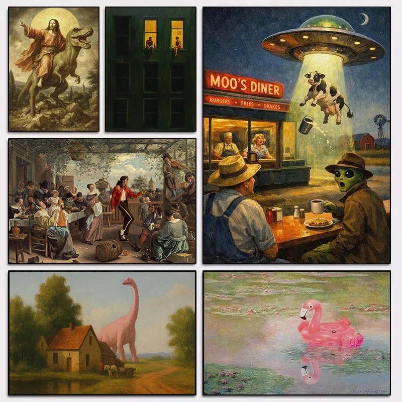 Vintage Funny MJ Moon Walk UFO Alien Flamingo in Water Lily Poster Canvas Painting Wall Art Pictures Home Decor Gift