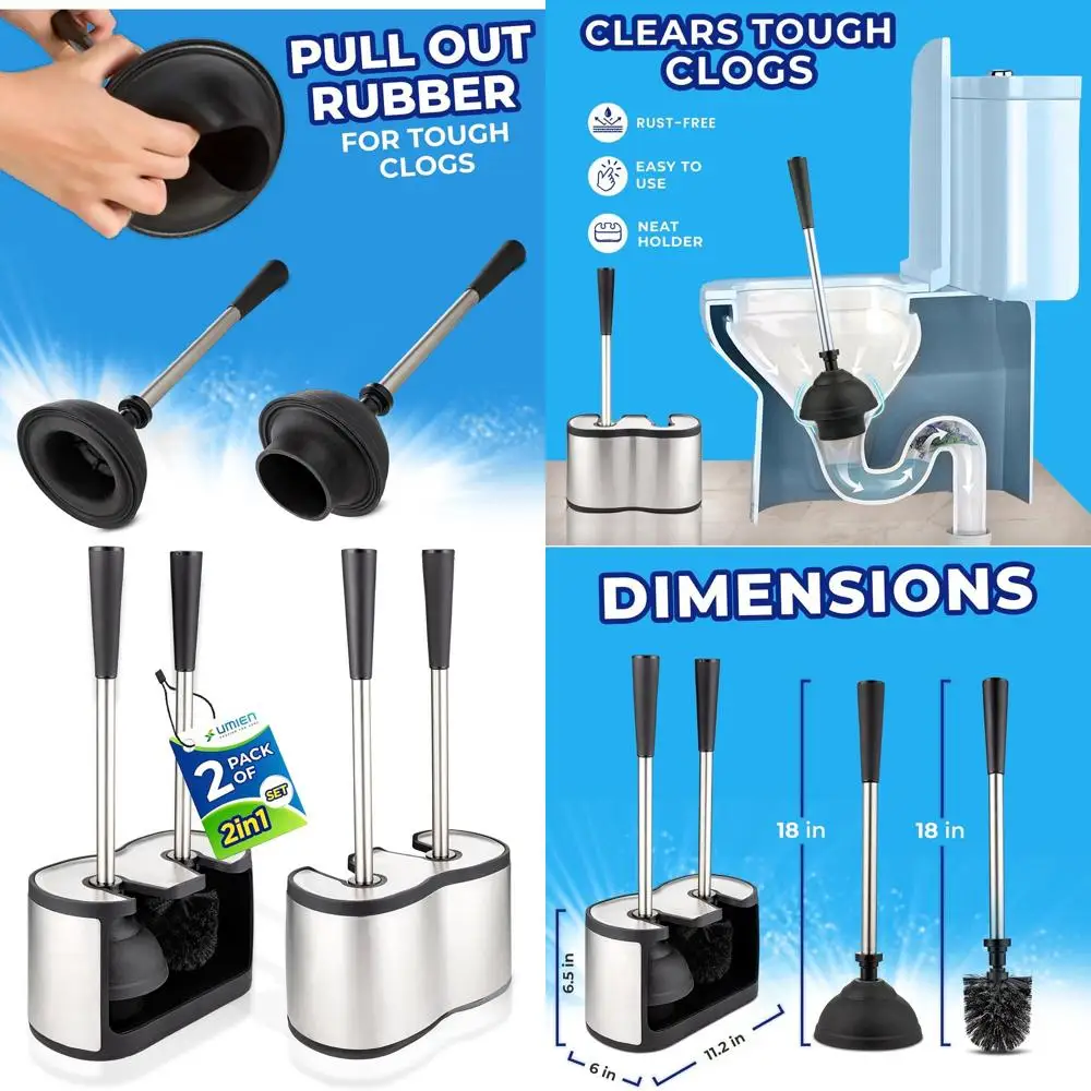 

Stainless Steel Toilet Brush and Plunger Set, 18 Long Handles, Rust-Free, Satin Nickel Freestanding Canister (Updated 2025)