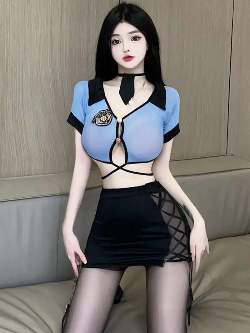 Sexy Female Uniform, Temptation Professional Suit Robe Dress Elegant V Neck Bandage Mini T Shirt Dress Blue Sexy Korean D8OC