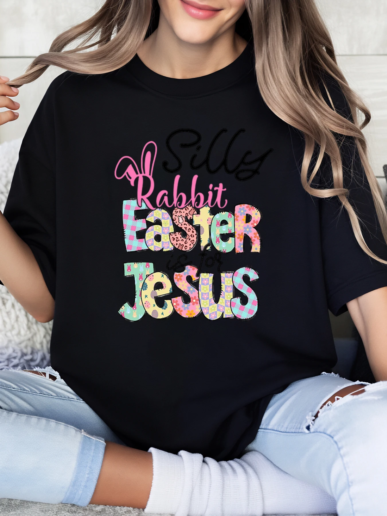 

Easter Bunny Rabbit Jesus Print Easter T-Shirt Women Casual Wear Spring Festival Black Plus-Size