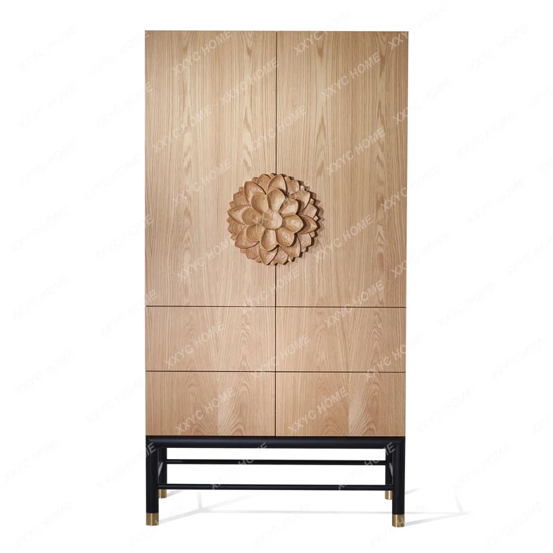 Solid wood double door simple wardrobe carved high cabinet hand carved lotus  FT