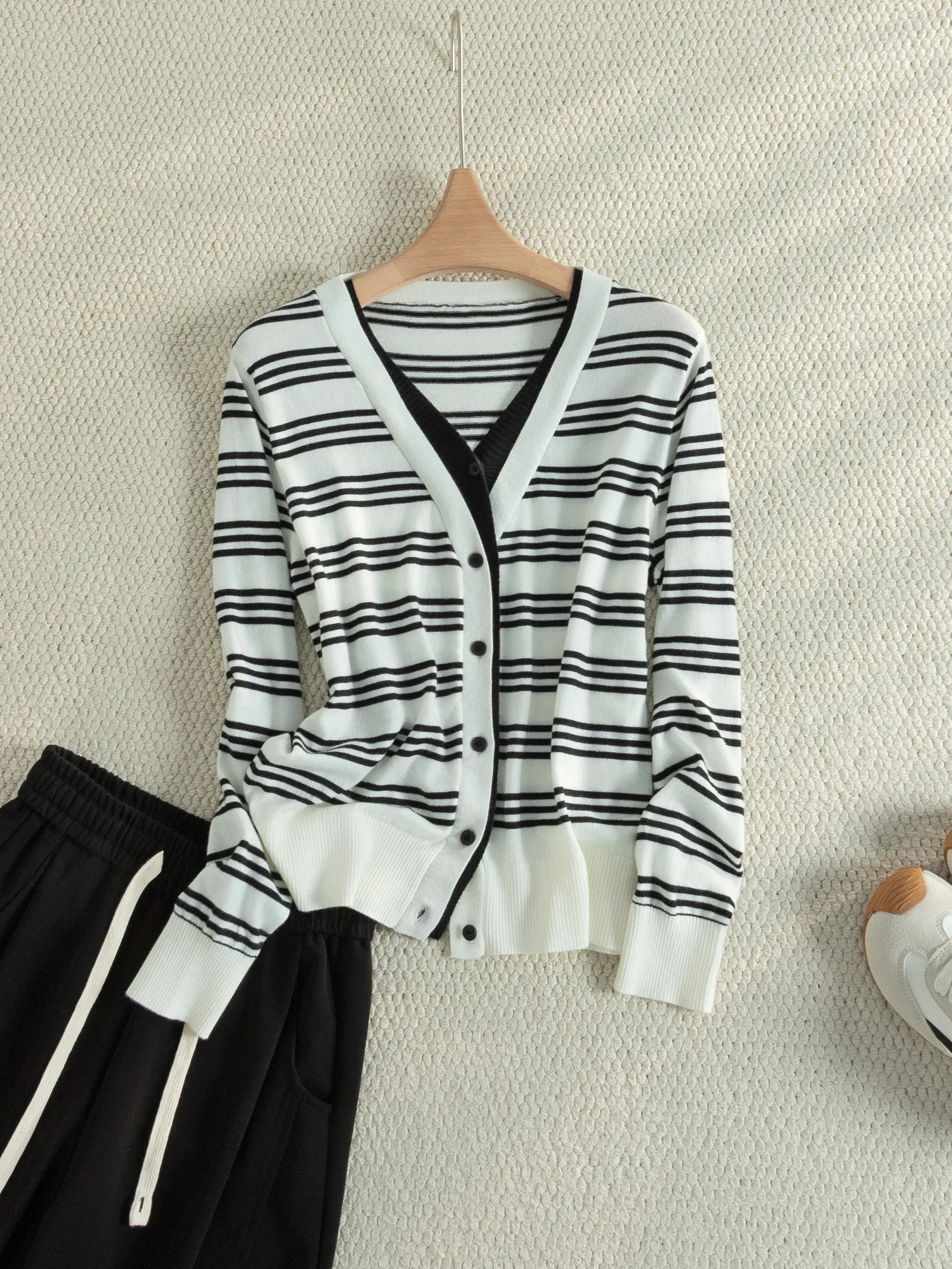 

Корейский вязаный открытый кардиган в полоску с V-образным вырезом, тонкий свитер, джет, женский наряд ранней осени, свободный крой, длинный све