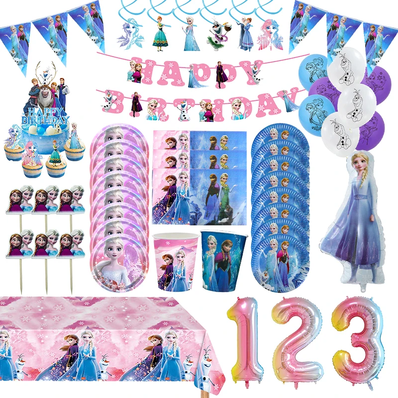 Elsa Frozen Dekoracja urodzinowa Frozen Motyw Child Party Decor Supplies Zestaw zastawy stołowej Talerze Kubek Obrus Tło Torebka na cukierki