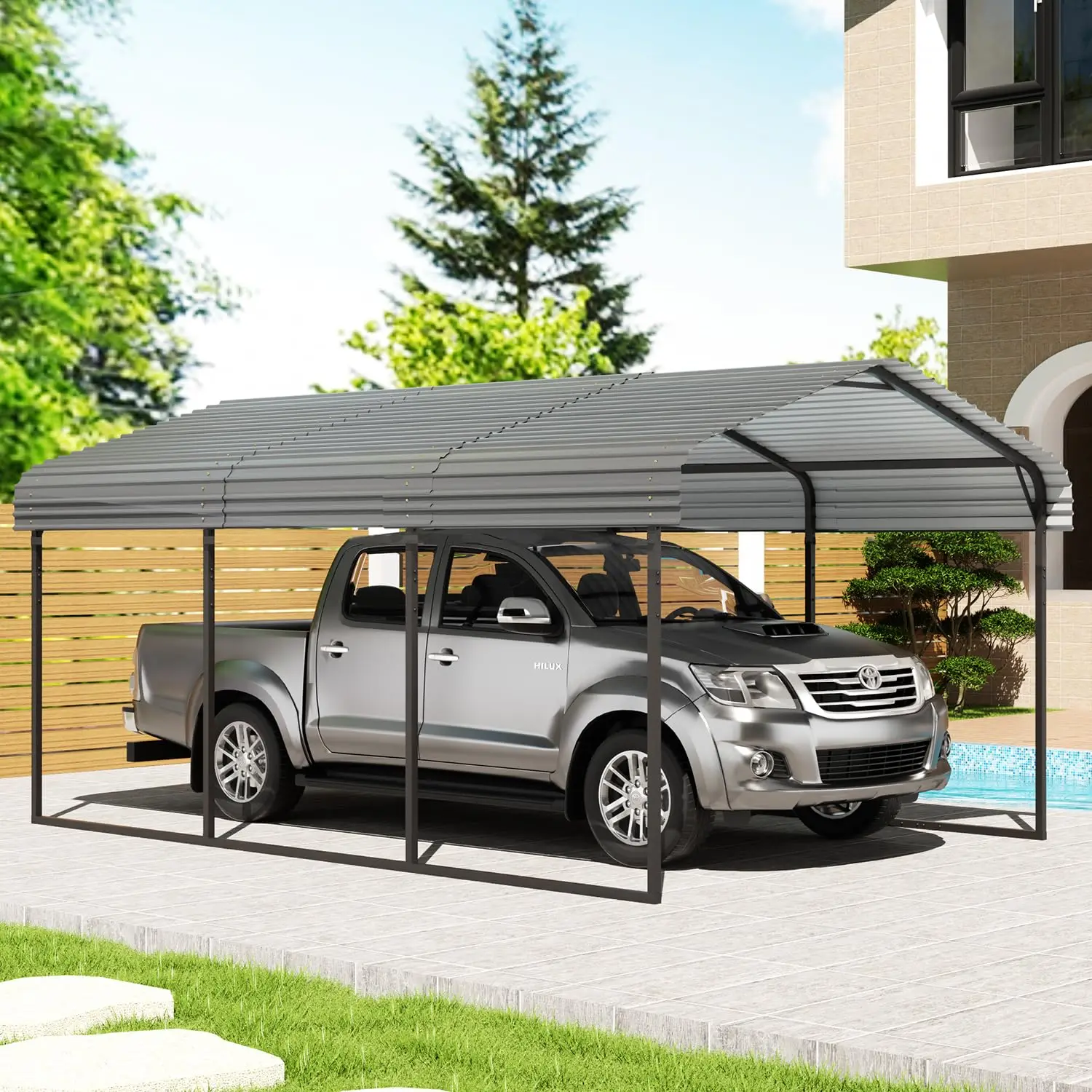 

Heavy Duty Metal Carport 10x15 FT Galvanized Steel Roof Car Shelter Shade for Car SUV Truck Boat Tractor, Customized