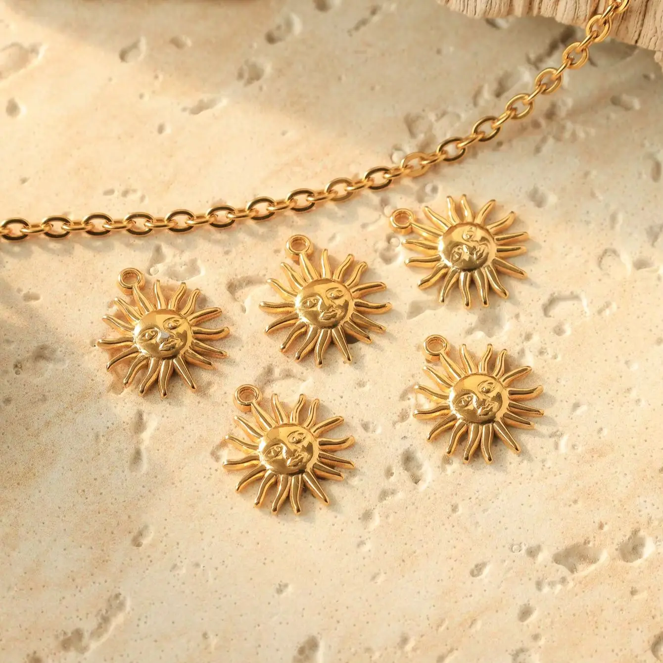 5-Piece Set of Gold-Tone Stainless Steel Sun Pendants for DIY Jewelry Making (Women's Necklaces, Earrings) and Craft Accessories