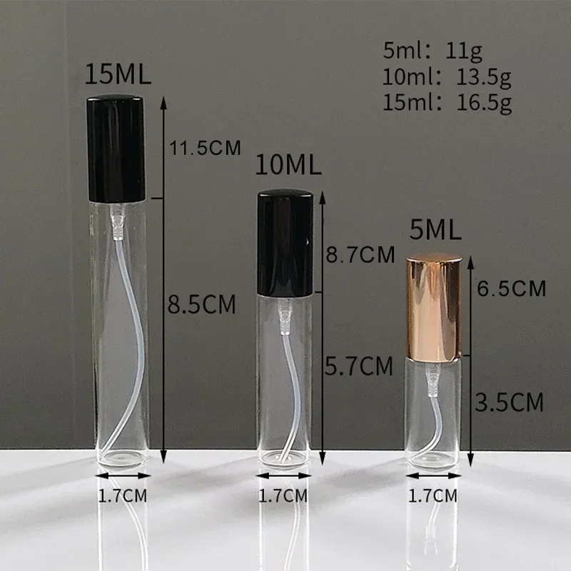 空の透明なガラスの香水瓶,アルミニウムスプレーヘッド,ポータブルトラベルディスペンサー,5ml, 10ml, 15ml, 5個