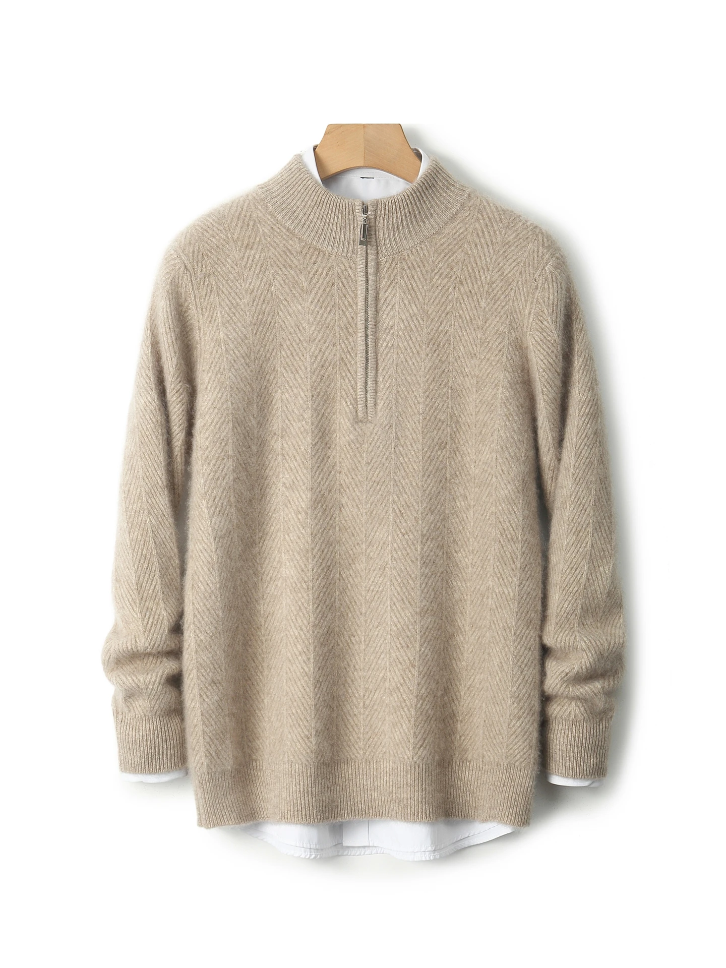 TLOML Men's 100% Merino Wool Sweater Mock Neck Fish Bone Pattern Half Zipper Pullover Autumn Winter Warm Smart Casual Thick Tops